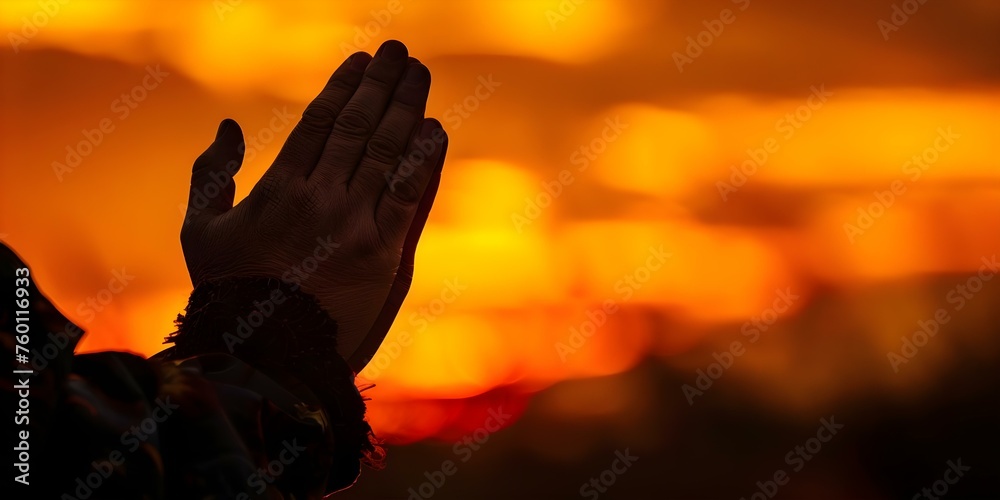 Silhouetted hands in prayer against golden sky religious devotion concept. Concept Religious Devotion, Sunset Silhouette, Praying Hands, Golden Sky, Spiritual Connection