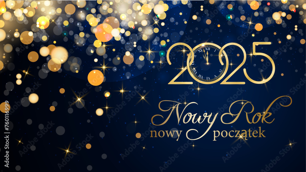 karta lub baner z życzeniami nowego początku nowego roku 2025 w złocie na niebieskim tle ze złotymi kółkami i brokatem w efekcie bokeh - obrazy, fototapety, plakaty 