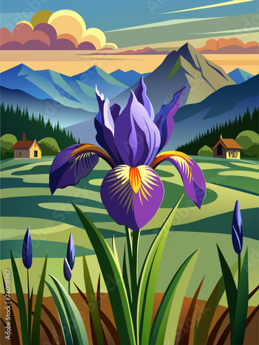 Dreamlike iris vector landscape background with vibrant hues and abstract shapes.