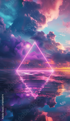 rainbow colored glowing neon pink and purple triangle in the clouds at night, lake with an awesome reflection, dreamy scene, 3D render © Wendelin
