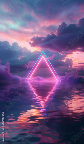 rainbow colored glowing neon pink and purple triangle in the clouds at night, lake with an awesome reflection, dreamy scene, 3D render