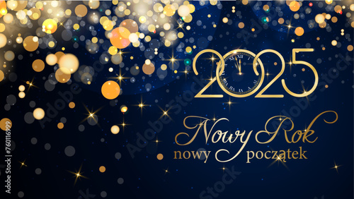 karta lub baner z życzeniami nowego początku nowego roku 2025 w złocie na niebieskim tle ze złotymi kółkami i brokatem w efekcie bokeh