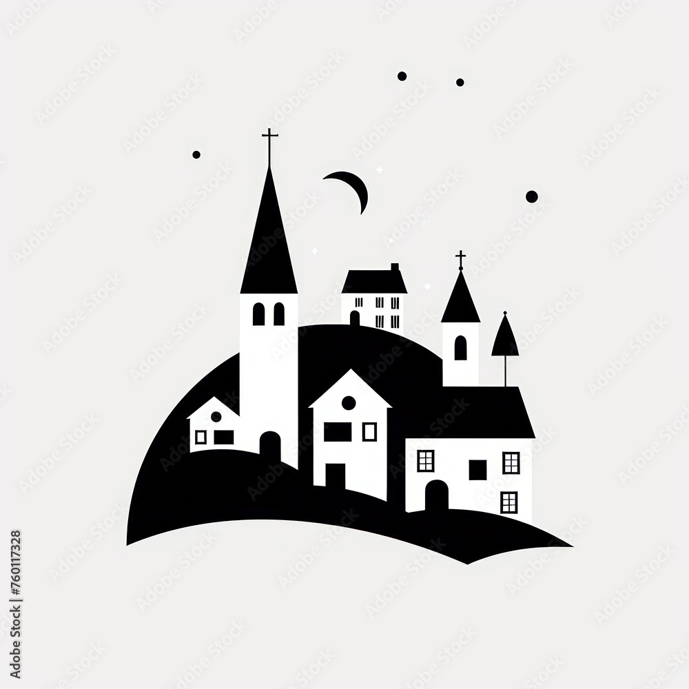 A black and white image of a small village with three houses and a church with a cross on the top of the steeple. The moon is in the sky and stars are scattered around.