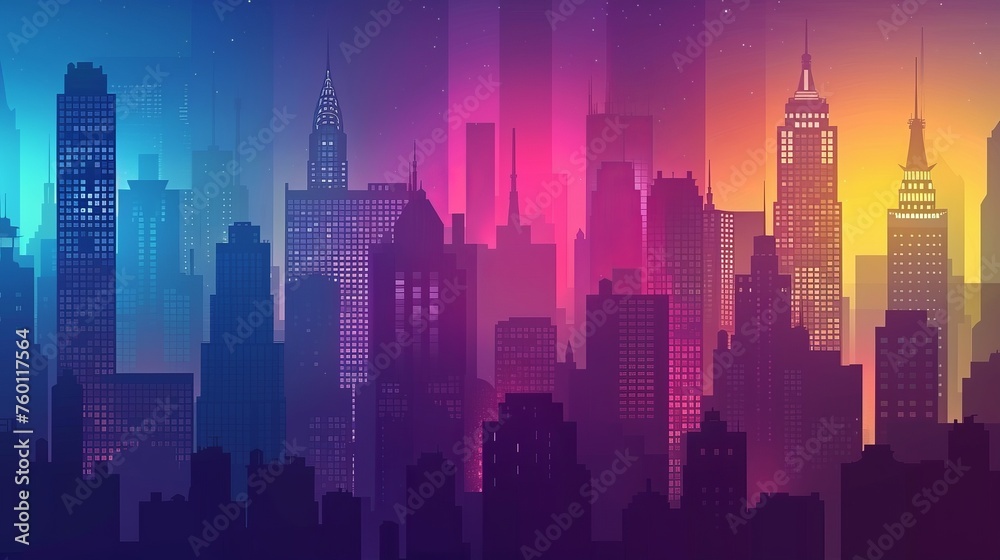 Colorful silhouette background of city buildings at night