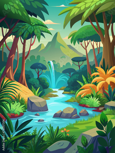 Tranquil jungle landscape with lush greenery, towering trees, and a serene river.