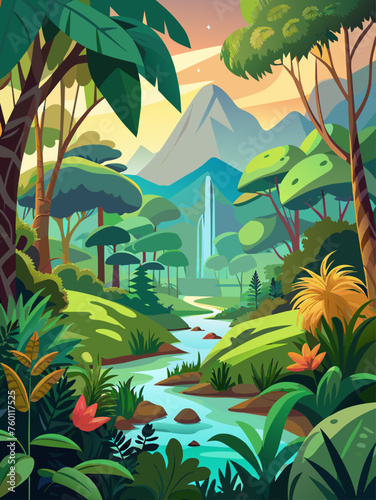 Vibrant and lush  this jungle vector landscape background depicts a dense tropical rainforest with lush green foliage  exotic flowers  and vibrant wildlife.