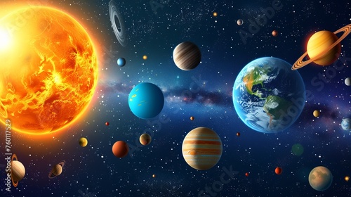 An artistic depiction of the solar system with the sun and various planets in vibrant colors and detailed textures