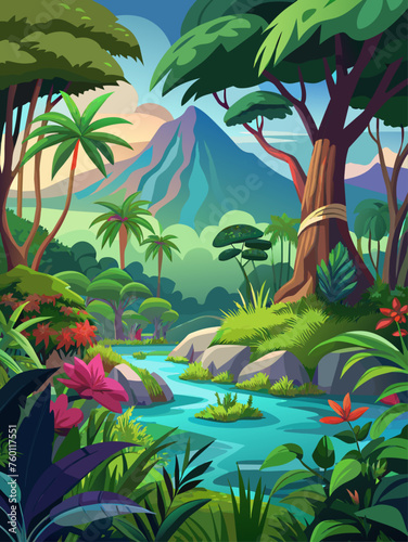 Vibrant and lush, this jungle vector landscape background depicts a dense tropical rainforest with lush green foliage, exotic flowers, and vibrant wildlife.
