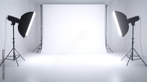 A professional photography studio with a white backdrop and two large studio lights pointing towards the center