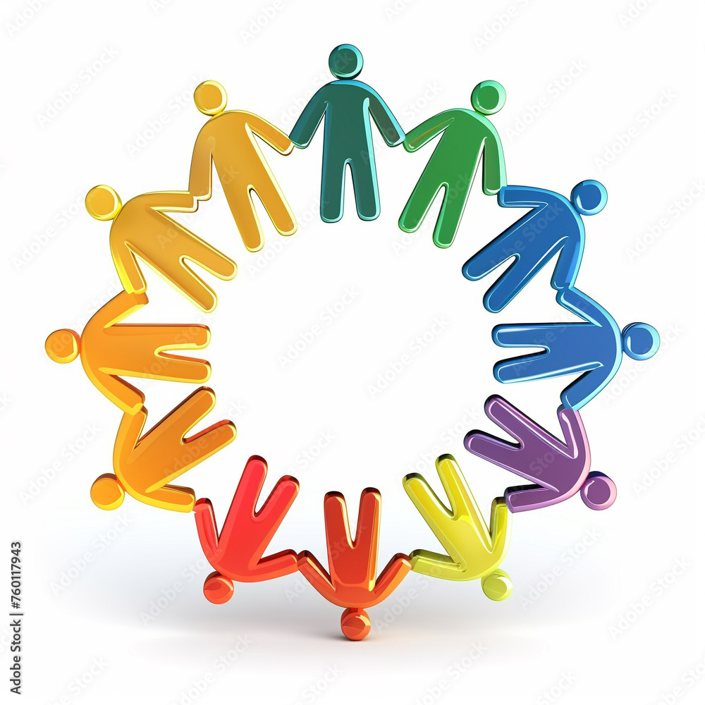 Ring of several colored, stylized people holding hands, vector, illustration on a white background