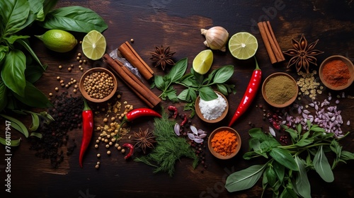 An array of fresh herbs and spices neatly arranged on a rustic dark wooden table, invoking a sense of organic culinary artistry