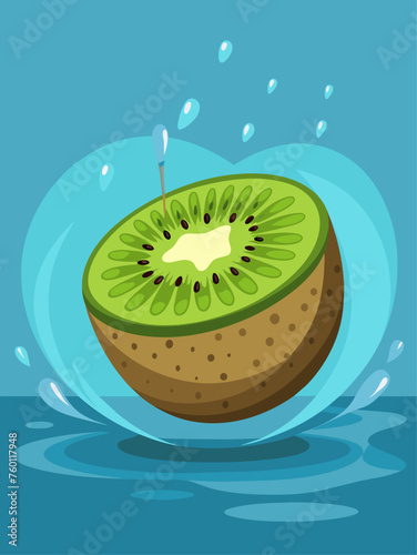 Watery background image of half a kiwi fruit with water drops.