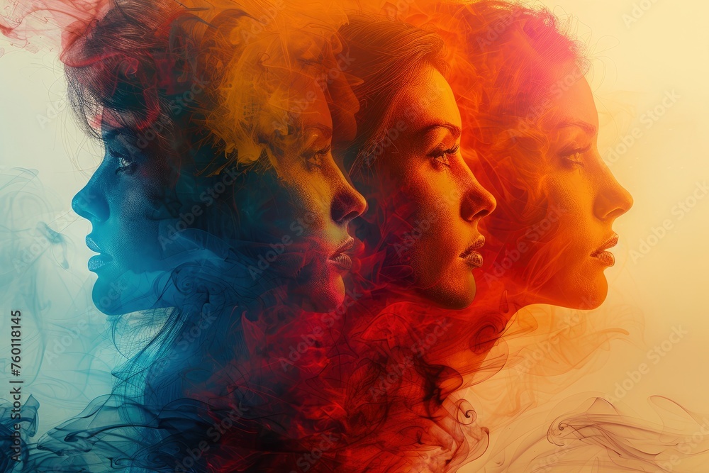 Abstract female faces in profile, multi exposure, digital art style