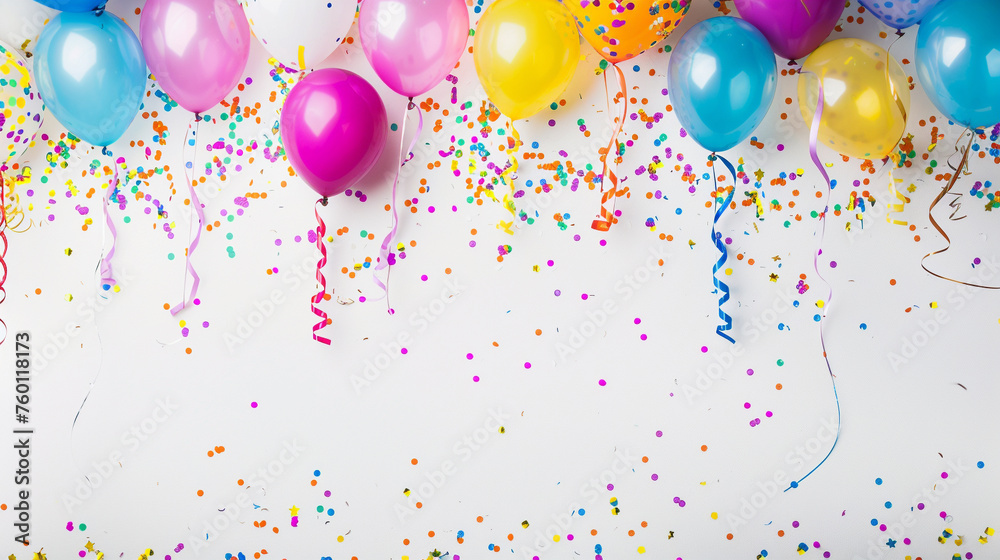 balloons, streamers and confetti occupying the upper edge of the blank background, Carnival atmosphere , minimalist style balloons, streamers and confetti occupying the upper edge of the blank background, Carnival atmosphere , minimalist style