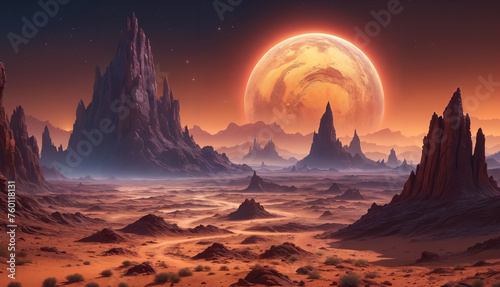 A desert alien landscape with a large red moon in the sky, surrounded by mountains. The terrain appears to be barren and empty, with no visible signs of life or vegetation.