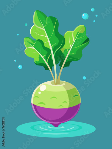 Vibrant kohlrabi vegetable submerged in water, creating a refreshing and colorful composition.