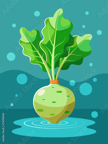 Kohlrabi vegetable with green leaves rests in a pool of water with a blue background.