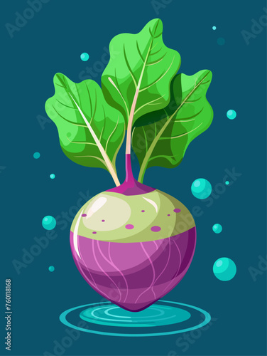 A kohlrabi vegetable rests on a water background, its green leaves and bulbous stem creating a vibrant display.