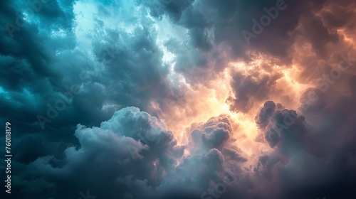 A surreal display of clouds illuminated by sunlight and lightning, creating a powerful sky