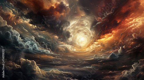 A mesmerizing scene of a swirling cosmic vortex set against turbulent stormy clouds, exuding a sense of chaos and beauty