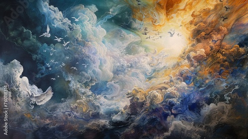 This artwork blends clouds and birds in a dreamlike dance, inspiring freedom and creativity