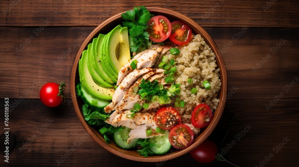 An inviting display of a grilled chicken and avocado salad on a wooden surface, conveying a fresh and healthy meal option