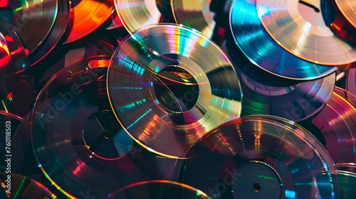 Colorful stack of CDs in a chaotic pile  showing various shades and hues of digital music storage