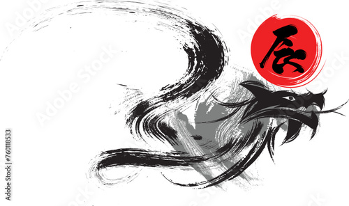 Chinese's Dragon Year of the Ink Painting. Graphic colored dragon snake silhouette. Grunge Paint Dragon Vector brush Stroke, eps8