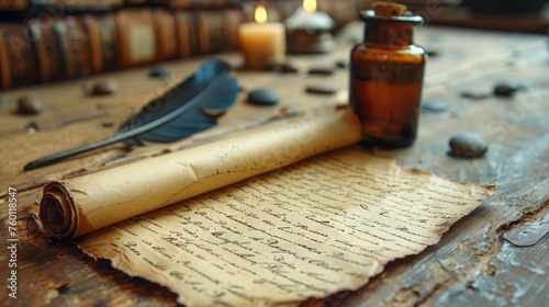 A vintage parchment with handwritten text sits on an old wooden table