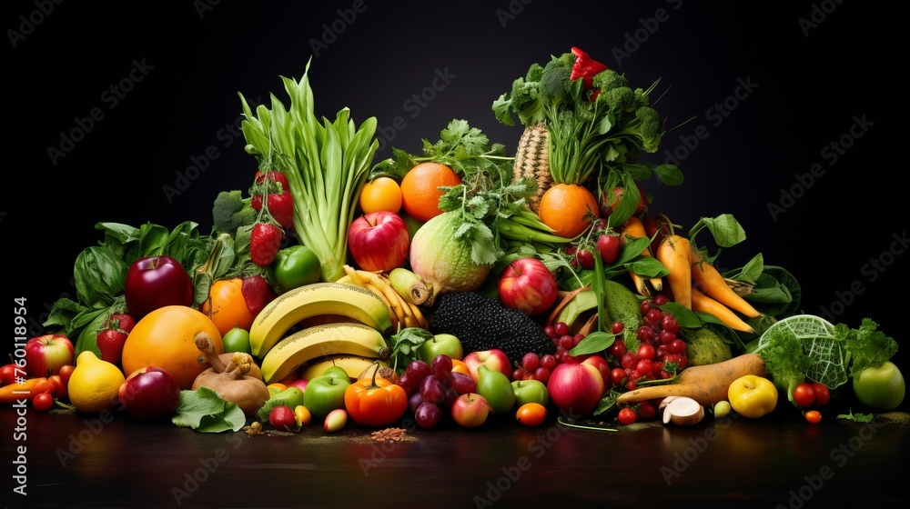 A vibrant display of fresh, assorted fruits and vegetables arranged artistically on a dark background A vibrant display of fresh, assorted fruits and vegetables arranged artistically on a dark background