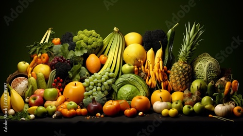 A bountiful assortment of fruits and vegetables in warm colors with a rustic feel