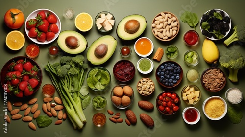 An array of health foods neatly organized on a green background, highlighting dietary and wellness themes
