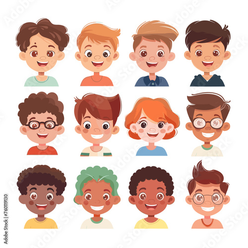 Cute cartoon boys and girls with different facial expressions vector illustration.