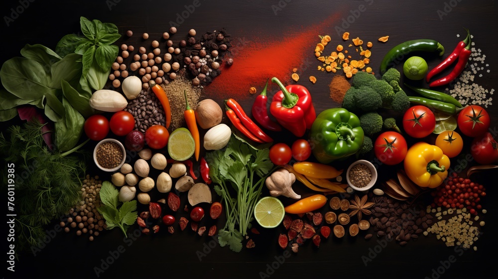 A vibrant and artistic arrangement of spices, vegetables, and herbs on a dark background, showcasing textures and colors