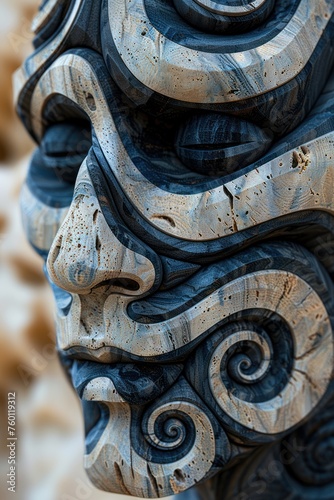 The image shows a close-up of a face sculpture with intricate swirls. The face appears to be made of stone or marble.