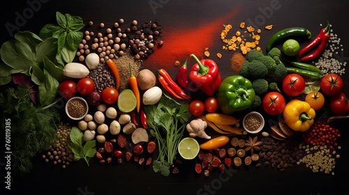 A vibrant and artistic arrangement of spices, vegetables, and herbs on a dark background, showcasing textures and colors