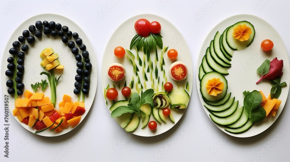 Creatively organized fruits and vegetables mimic garden scenes, bringing a plat