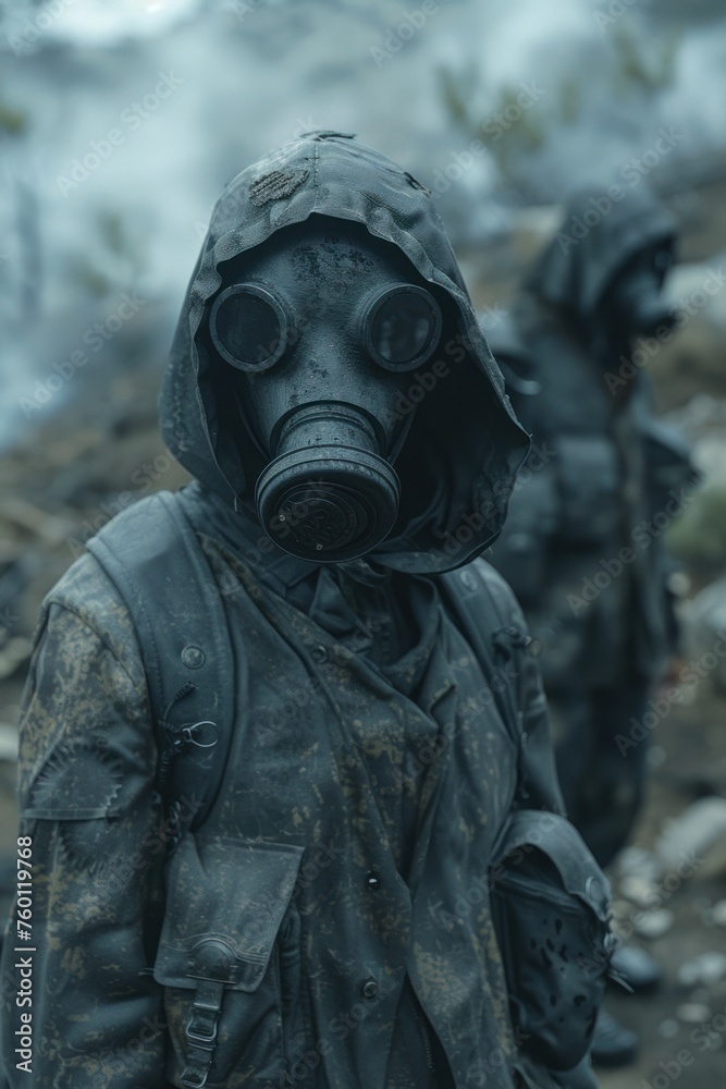 A person wearing a gas mask and a dirty jacket. In the background, there is another person wearing a gas mask. A person wearing a gas mask and a dirty jacket. In the background, there is another person wearing a gas mask.