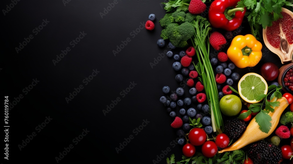 A love-themed, heart-shaped arrangement of colorful fruits and vegetables on a black background, full of health and vibrancy