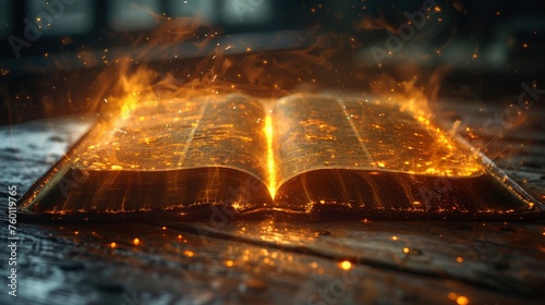 A glowing open Bible on an old wooden table, symbolizing the illuminated word of God and spiritual wisdom