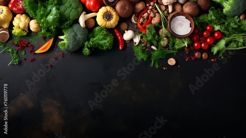 An array of colorful fresh vegetables and herbs neatly arranged on a dark, textured background, featuring space for text