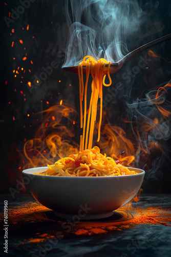 a bowl of pasta with liquid flowing from it