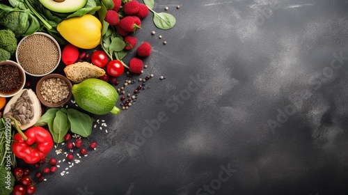 Fresh green veggies and vibrant fruits arranged on a dark background for a balanced diet concept