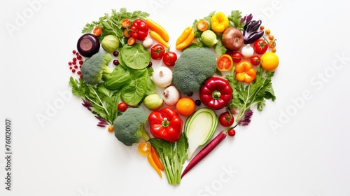 Assorted fresh produce arranged in a heart shape demonstrating healthy eating and love for vegetarian diet