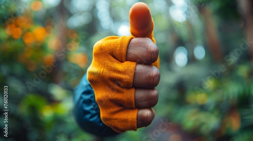A hand wearing an orange glove with thumb up.