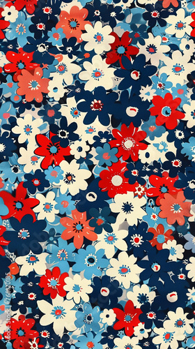 floral pattern made of flat small flowers  blue  red  white