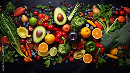 A large selection of fresh, colorful vegetables and fruits spread over a dark surface showing abundance and health