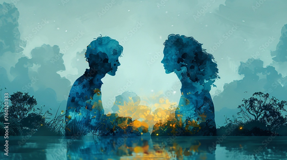 A double exposure illustration of two silhouettes who conveys both emotionality and depth between them. - obrazy, fototapety, plakaty 