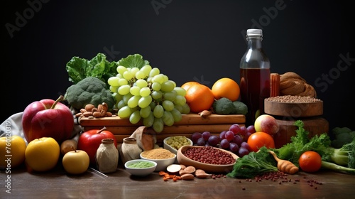 A serene composition featuring assorted fruits, nuts, and a bottle of oil on a wooden surface with soft lighting