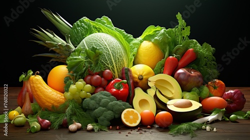 A rich and colorful display of fruits and vegetables on a green background, showcasing variety and health
